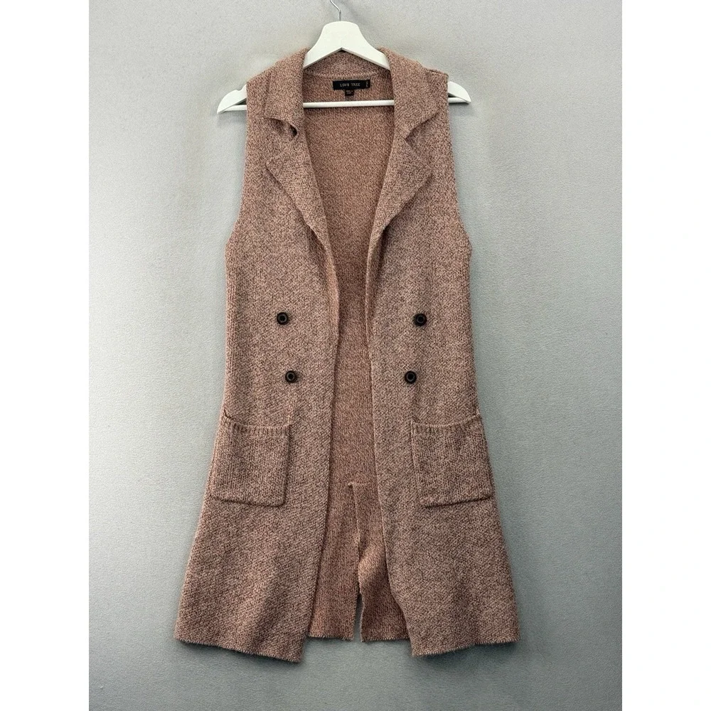 Love Tree Sleeveless Sweater Vest Long Cardigan Blush Coral Notch Collar Pockets